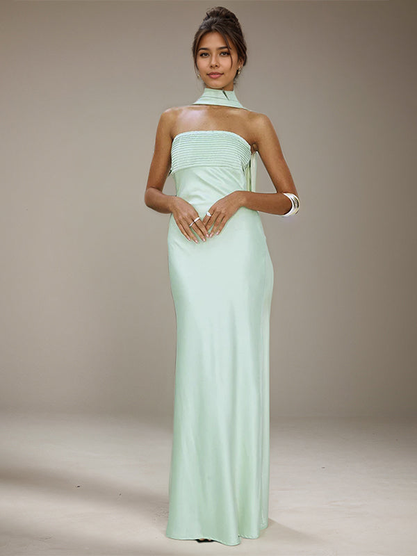 Mint Green Satin Halter Neck Sleeveless Floor Length Formal Dress