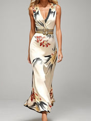 White Floral Satin V Neck Sleeveless A-Line Maxi Dress