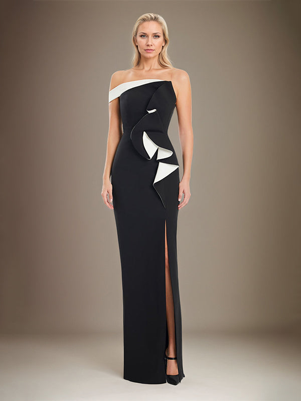 Black Sheath/Column Off The Shoulder Stretch Crepe Mother Of The Bride Dress With High Slit