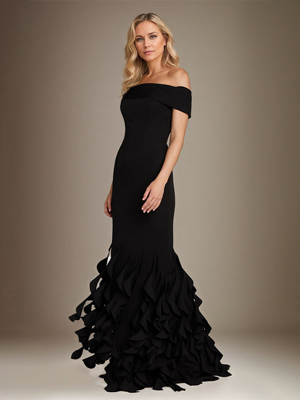 Trumpet/Mermaid Off the Shoulder Sleeveless Floor Length Chiffon Mother Of The Bride Dress With Ruffles