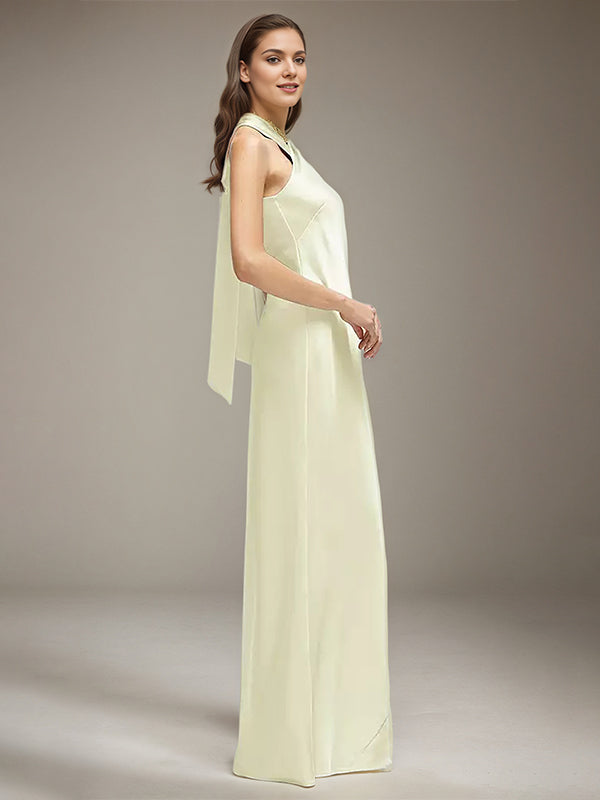 Ivory Satin Halter Neck Sleeveless Floor Length Dress