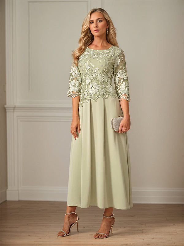 Crew Neck  A Line Ruffle Ruched Lace Maxi Dress Mother Of The Bride Dress
