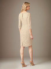 Champagne Sheath/Column Lace Boat Neck 3/4 Sleeves Knee Length Dress With Slit