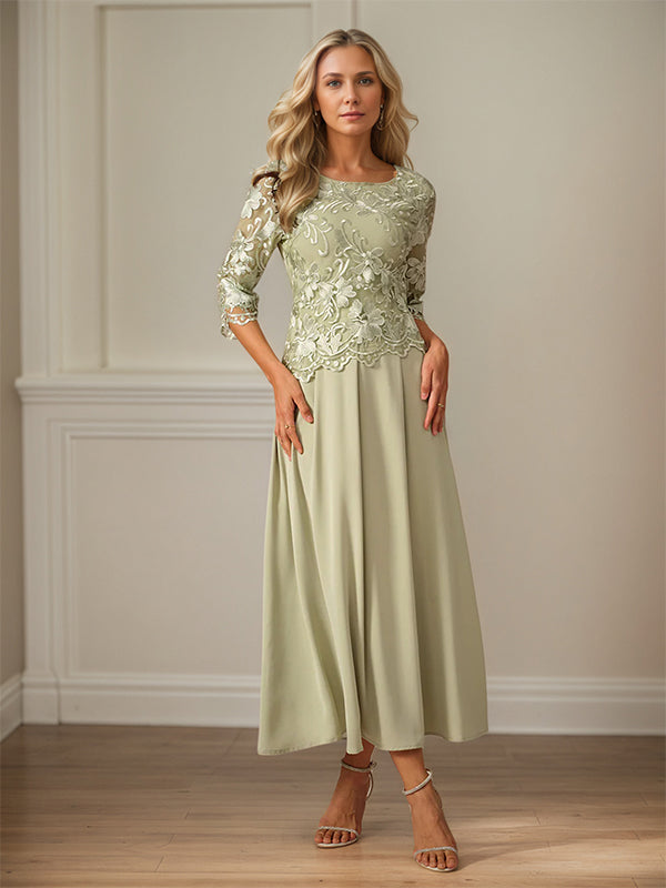 Crew Neck  A Line Ruffle Ruched Lace Maxi Dress Mother Of The Bride Dress