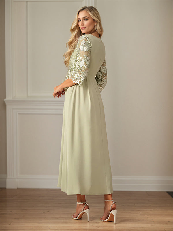 Crew Neck  A Line Ruffle Ruched Lace Maxi Dress Mother Of The Bride Dress
