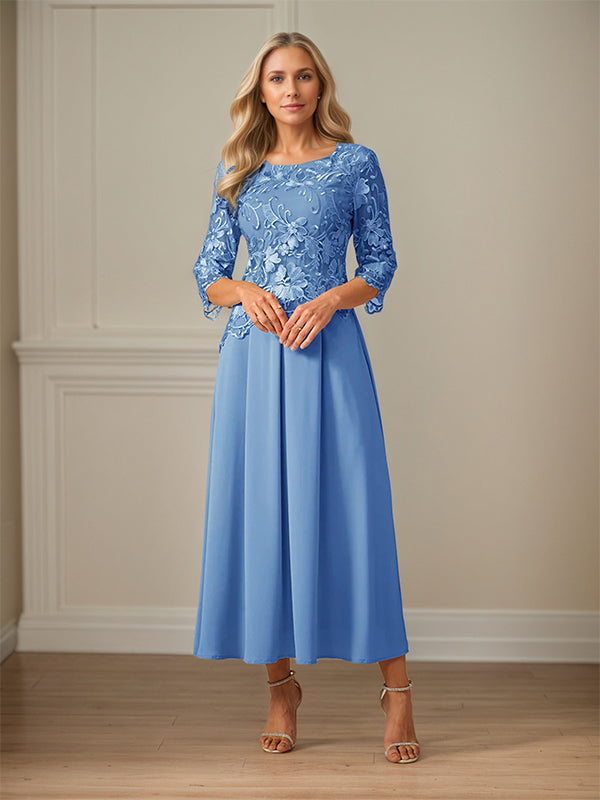 Crew Neck  A Line Ruffle Ruched Lace Maxi Dress Mother Of The Bride Dress