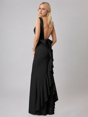 Black Sheath/Column Satin Scoop Neck Sleeveless Floor Length Dress With Bow