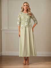Crew Neck  A Line Ruffle Ruched Lace Maxi Dress Mother Of The Bride Dress
