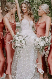 Sheath Straps Rust Silk Satin Ankle Length Bridesmaid Dresses