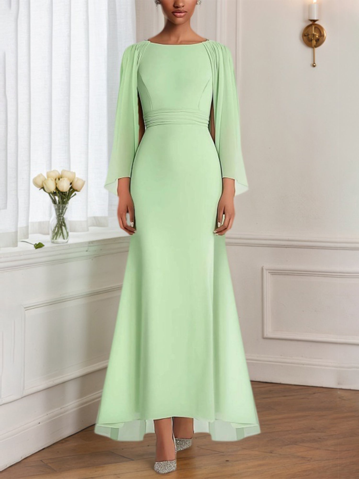 Dreamylily Women Wedding Guest Dresses Sage Green Chiffon Cape Maxi Mother of Bride Dresses
