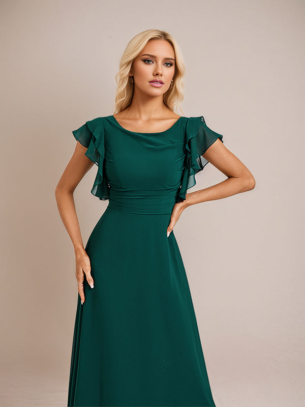 Dark Green A Line Chiffon Scoop Neck Floor Length Bridesmaid Dress With Ruffle