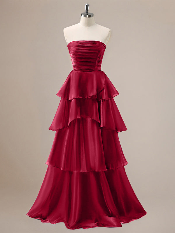 Dreamylily Women Red A Line Strapless Pleated Tiered Floor Length Ruffle Bridesmaid Dress Dreamylily Women Red A Line Strapless Pleated Tiered Floor Length Ruffle Bridesmaid Dress