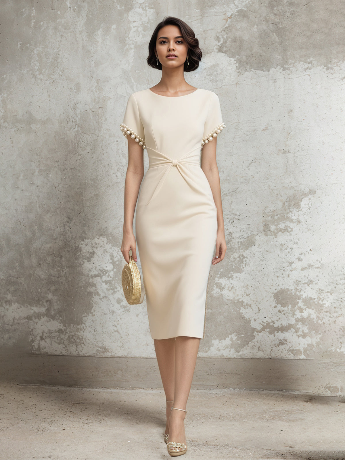 Short Sleeve Midi Crepe Column Regular Casual Dress qml21yqe43
