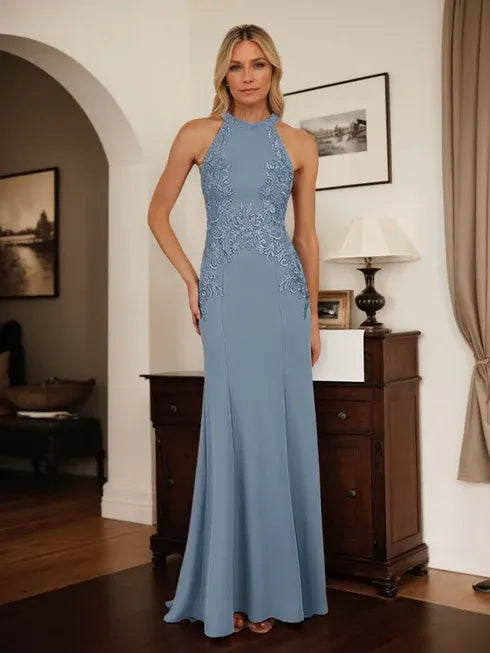Sheath Blue Halter Backless Beaded Maternity Prom Dresses,DS4499 main image 0