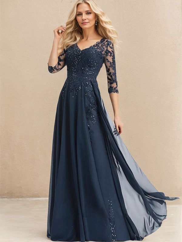 Dreamylily A-line V-Neck Floor-Length Lace Chiffon Mother of the Bride