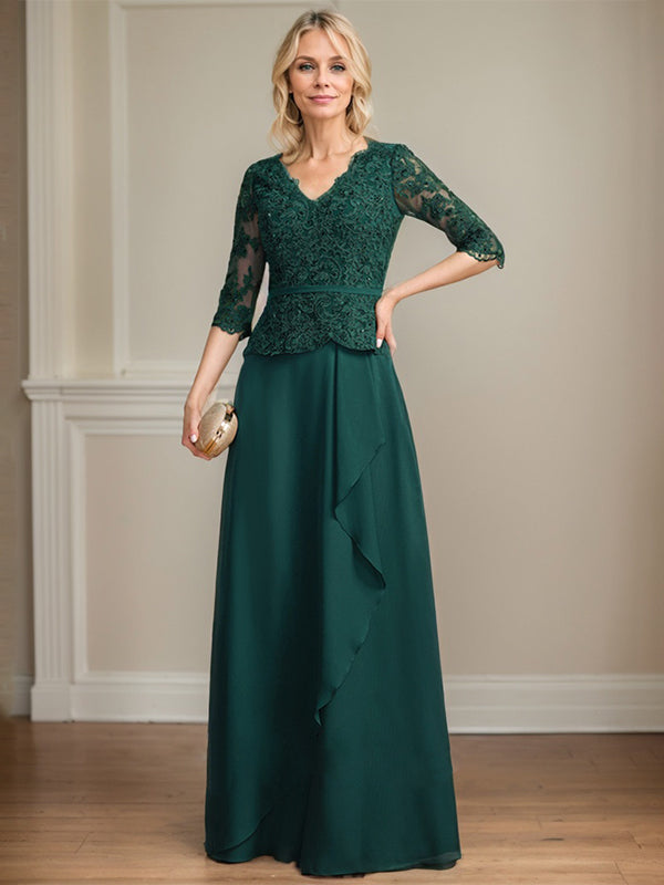 A-line V-Neck Floor-Length Lace Chiffon Mother of the Bride Dress With Dreamylily A-line V-Neck Floor-Length Lace Chiffon Mother of the Bride Dress With Dreamylily
