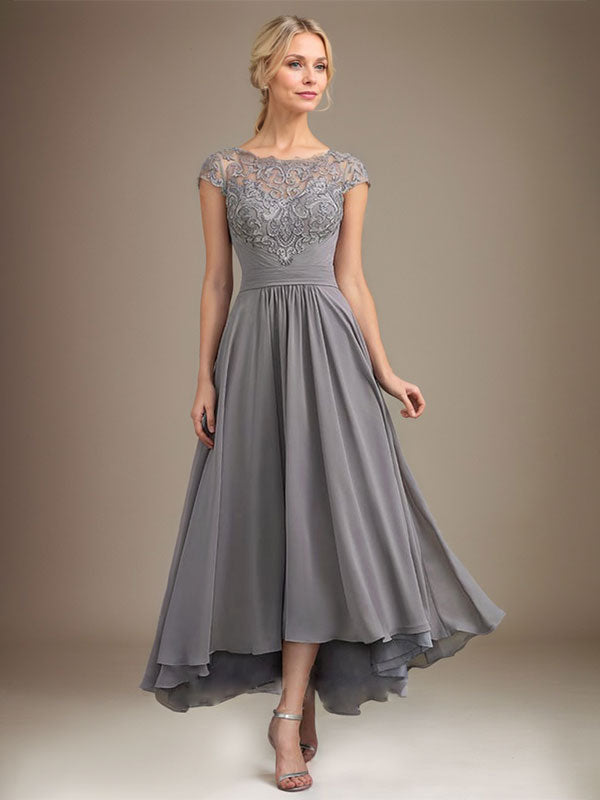 Dreamylily A-line Scoop Illusion Asymmetrical Lace Chiffon Mother of the Bride Dress With Pleated Dreamylily A-line Scoop Illusion Asymmetrical Lace Chiffon Mother of the Bride Dress With Pleated