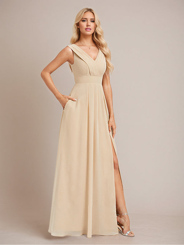 Champagne A Line Chiffon V Neck Floor Length Bridesmaid Dress With Slit