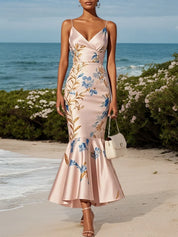 Pink Floral Satin Spaghetti Gallus Mermaid Midi Dress