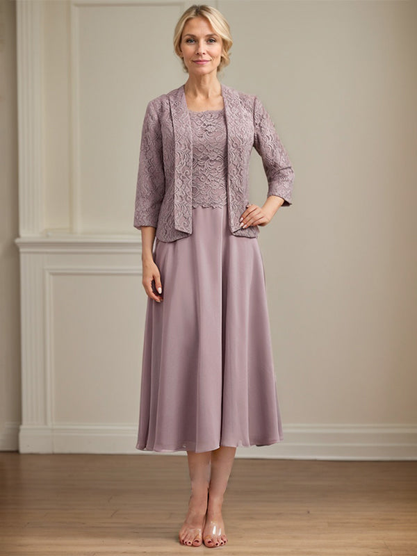 A-line Scoop Tea-Length Chiffon Mother of the Bride Dress With Pleated main image 0