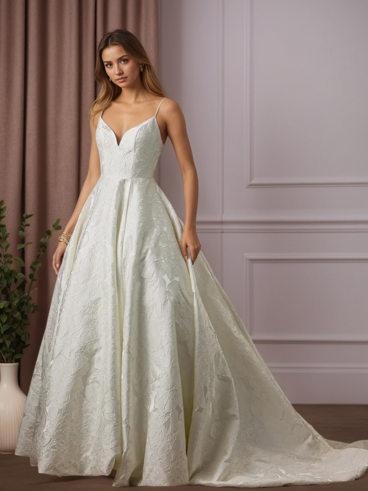 Dreamylily Women White V-Neck Ball-Gown with Pockets Floral Jacquard