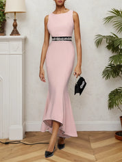 Pink Sleeveless Rhinestones Mermaid Midi Dress