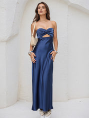 Royal Blue Satin Sweetheart Neckline Sleeveless Open Back Ankle Length Sheath Dress