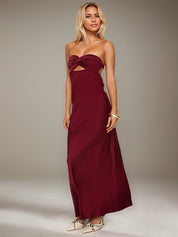 Wine Red Satin Sweetheart Neckline Sleeveless Open Back Ankle Length Sheath Dress