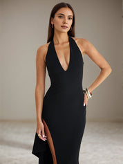 Black Stretch Crepe V Neck Sleeveless Open Back Dress with High Slit