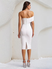 White Stretch Crepe One Shoulder Sleeveless Tea Length Dress With Slit