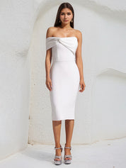 White Stretch Crepe One Shoulder Sleeveless Tea Length Dress With Slit