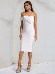 White Stretch Crepe One Shoulder Sleeveless Tea Length Dress With Slit