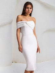 White Stretch Crepe One Shoulder Sleeveless Tea Length Dress With Slit