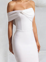White Stretch Crepe One Shoulder Sleeveless Tea Length Dress With Slit
