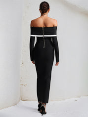 Black Stretch Crepe Off The Shoulder Long Sleeves Ankle Length Dress