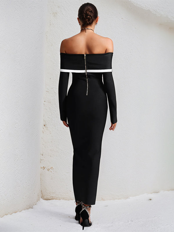 Black Stretch Crepe Off The Shoulder Long Sleeves Ankle Length Dress