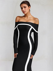 Black Stretch Crepe Off The Shoulder Long Sleeves Ankle Length Dress