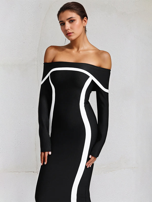 Black Stretch Crepe Off The Shoulder Long Sleeves Ankle Length Dress