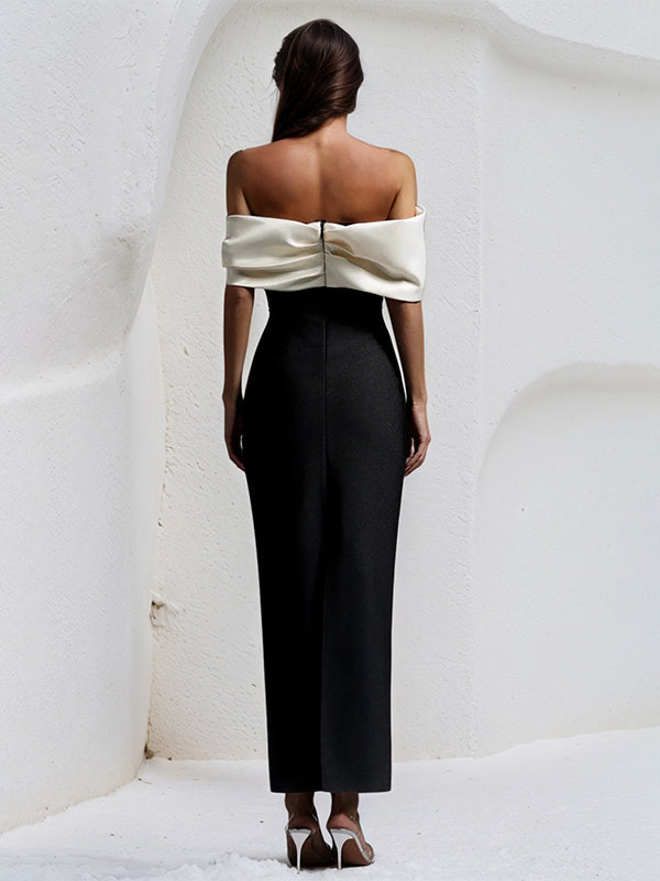 Black&White Stretch Crepe Off The Shoulder Sleeveless Ankle Length Dress