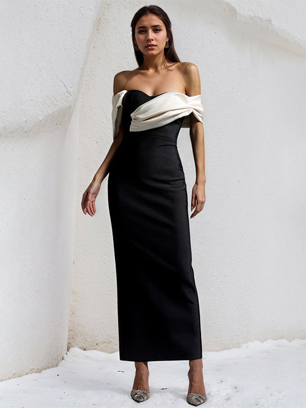 Black&White Stretch Crepe Off The Shoulder Sleeveless Ankle Length Dress