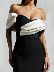 Black&White Stretch Crepe Off The Shoulder Sleeveless Ankle Length Dress