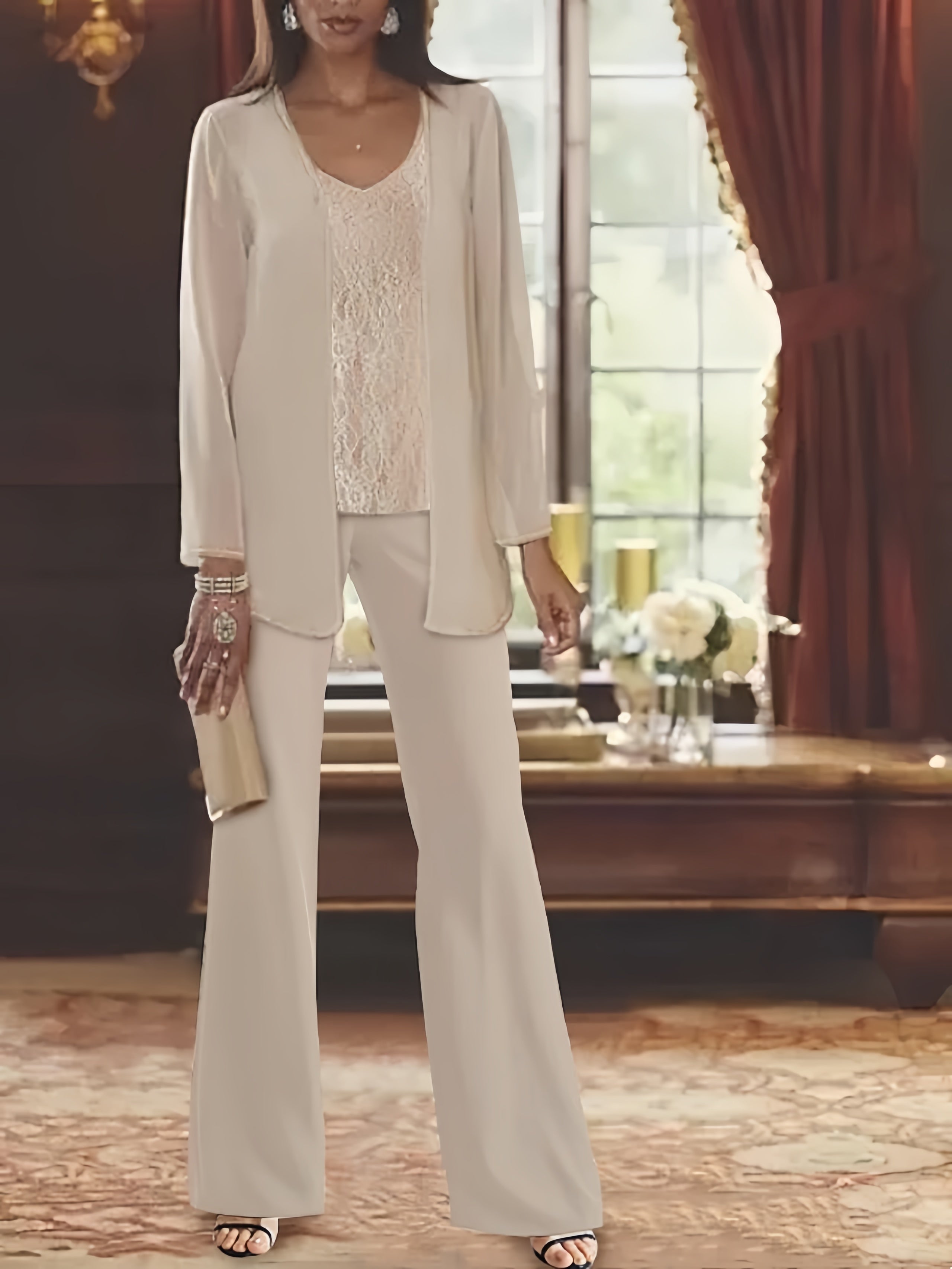 3 Pieces Suit Scoop Chiffon Mother of the Bride Pantsuits Half Sleeves Lace Floral Ankle-Length