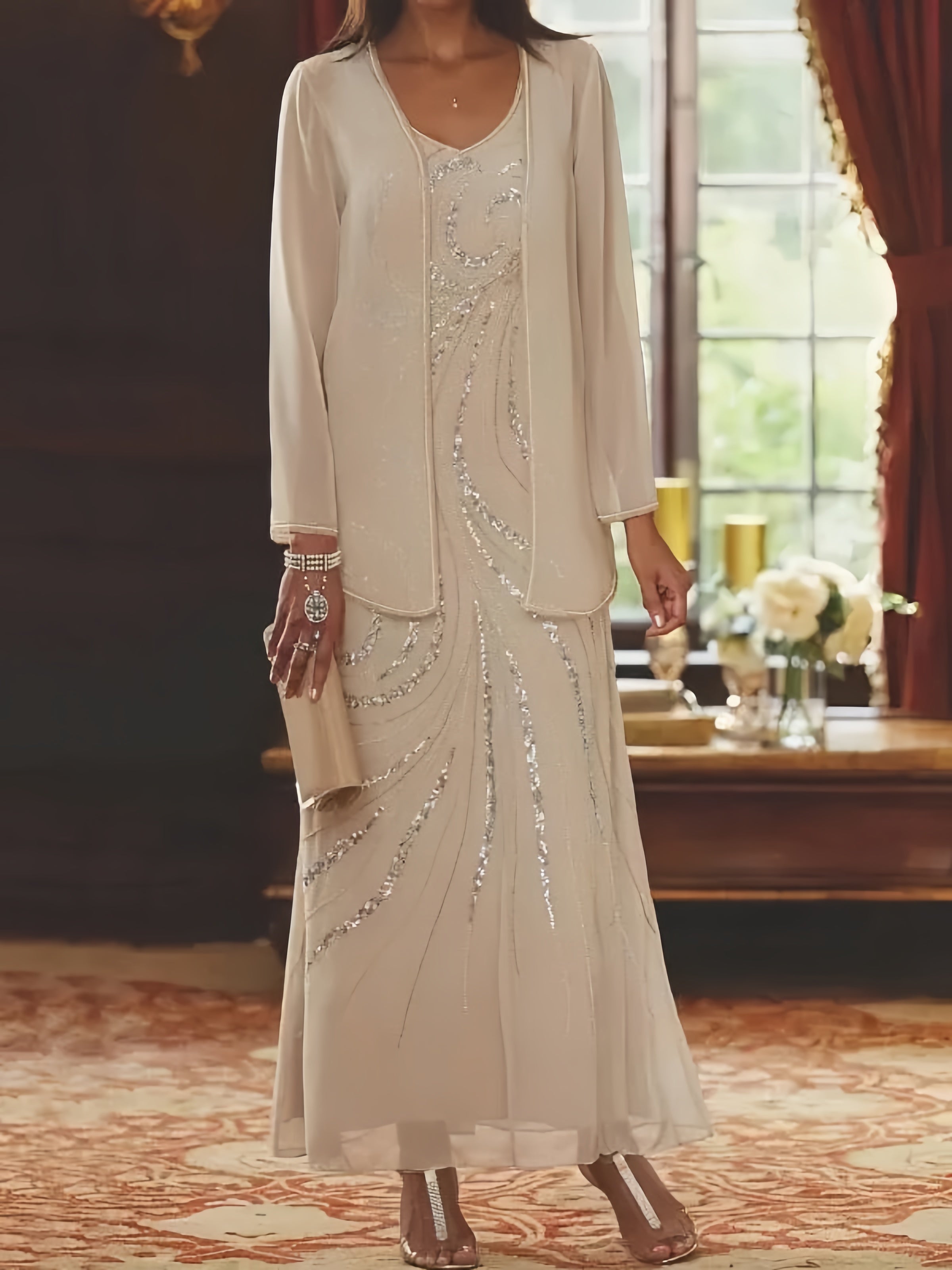 Dreamylily Sheath/Column V-Neck Ankle-Length Mother of the Bride