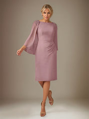 Mauve Sheath/Column Chiffon Bateau Neck Cape Sleeves Knee Length Dress