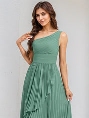 Mist Blue A Line Chiffon One Shoulder Sleeveless Asymmetrical Length Dress With Slit