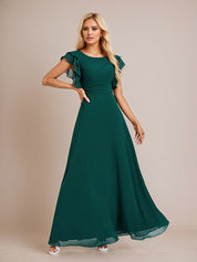 Dark Green A Line Chiffon Scoop Neck Floor Length Bridesmaid Dress With Ruffle
