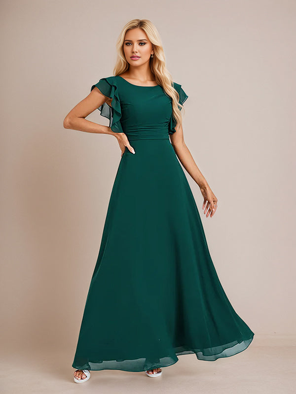 Dark Green A Line Chiffon Scoop Neck Floor Length Bridesmaid Dress With Ruffle
