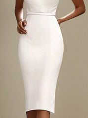 Semi-Formal Party Dress White Halter Neck Tea Length Dress