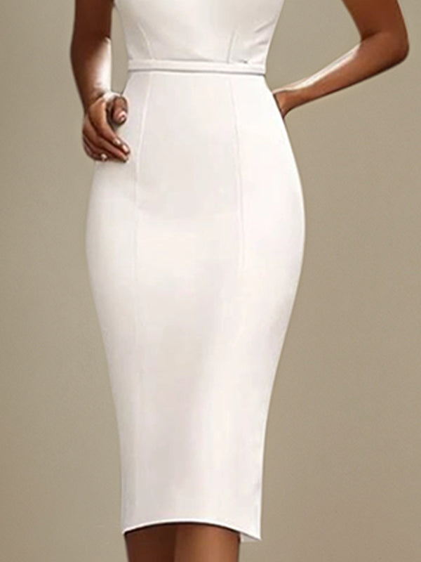 Semi-Formal Party Dress White Halter Neck Tea Length Dress