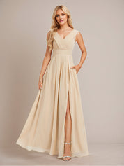 Champagne A Line Chiffon V Neck Floor Length Bridesmaid Dress With Slit